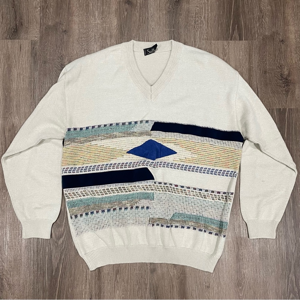 Vintage Saffo Made In Italy 3D Knit V Neck Sweater Cream Men’s 90’s Pullover